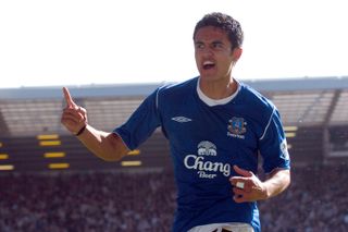 Tim Cahill celebrates after scoring for Everton against Crystal Palace, 2005