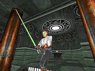 A live-action shot from Jedi Knight with Katarn brandishing the lightsaber.