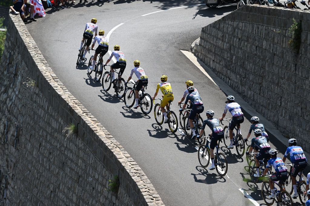 COL DE LA COUILLOLE FRANCE JULY 20 LR Tim Wellens of Belgium Nils Politt of Germany Pavel Sivakov of France Adam Yates of The United Kingdom Tadej Pogacar of Slovenia and UAE Team Emirates Yellow Leader Jersey Wout Van Aert of Belgium Matteo Jorgenson of The United States and Team Visma Lease a Bike Christophe Laporte of France Bart Lemmen of Netherlands and Team Visma Lease a Bike Mikel Landa of Spain and Team Soudal QuickStep compete during the 111th Tour de France 2024 Stage 20 a 1328km stage from Nice to Col de la Couillole 1676m UCIWT on July 20 2024 in Col de la Couillole France Photo by Dario BelingheriGetty Images