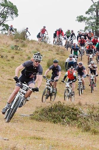 Dylan Cirulis heads downhill not long after the start.
