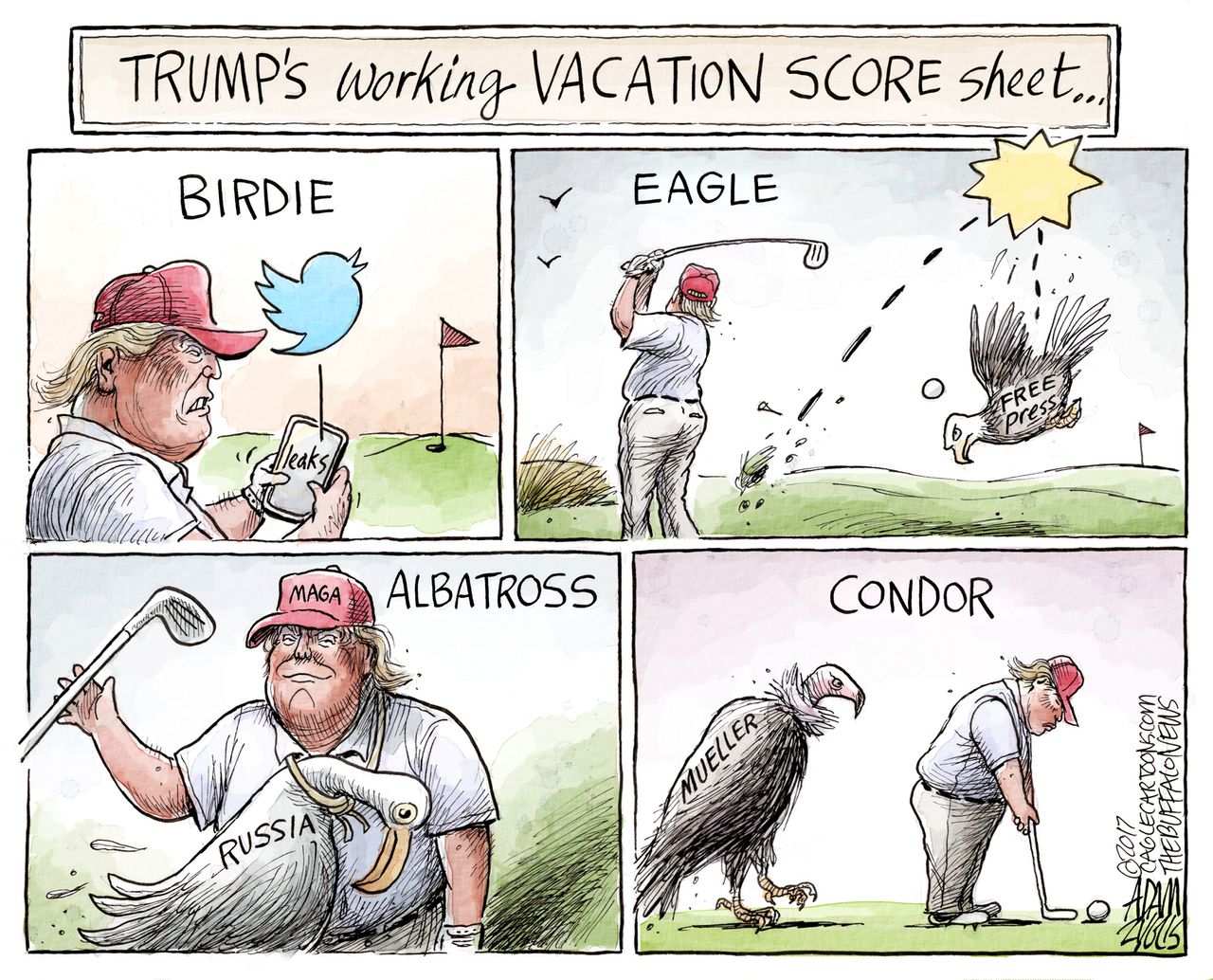 Political cartoon U.S. Trump vacation Twitter Mueller fake news Russia investigation MAGA