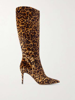 Leopard-Print Velvet Knee Boots