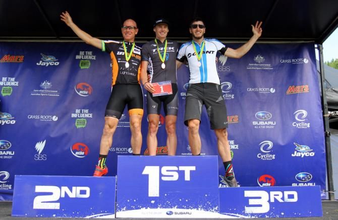 Elite men's podium: Chris Jongewaard (JetBlack-BH Lightsview), Dan McConnell (Trek Factory Racing) and Paul Van der Ploeg (Giant)