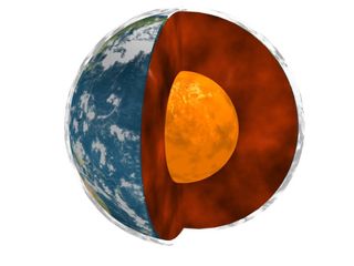 A cross section of the Earth, showing the exterior crust, the molten mantle beneath it and the core at the center of the planet.