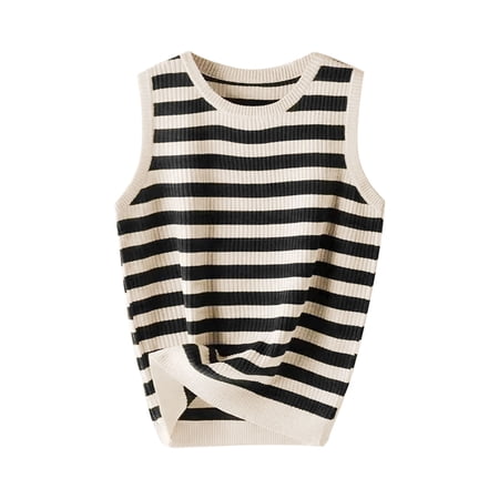 Pntutb Women's Casual Oversize Round Neck Hooded Summer Striped Knit Sleeveless Tank Loose Tank Tops Basic Tees