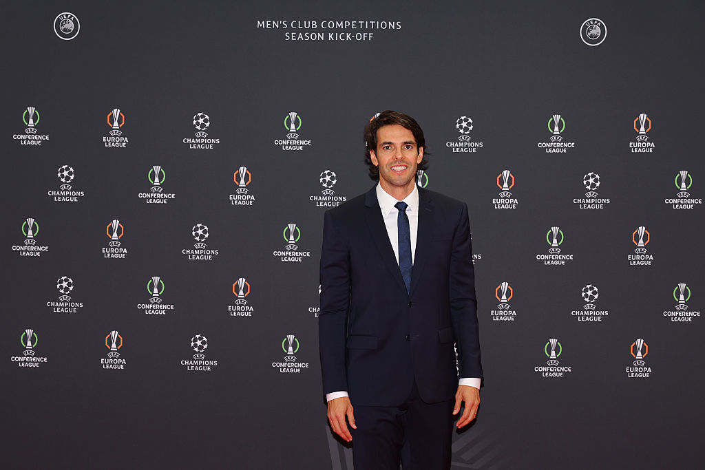 Former player, Kaka arrives ahead of the UEFA Champions League 2025/26 League Phase Draw at Grimaldi Forum on August 28, 2025 in Monaco, Monaco.