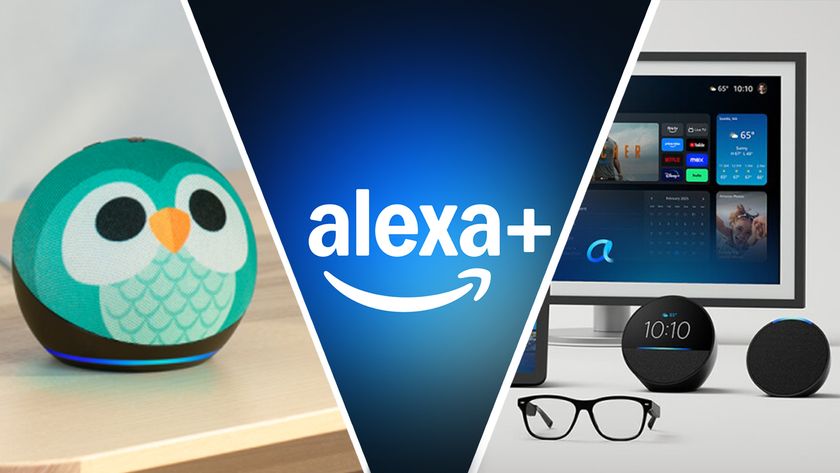 A toy Amazon Echo next to the Alexa Plus logo and a range of Echo devices