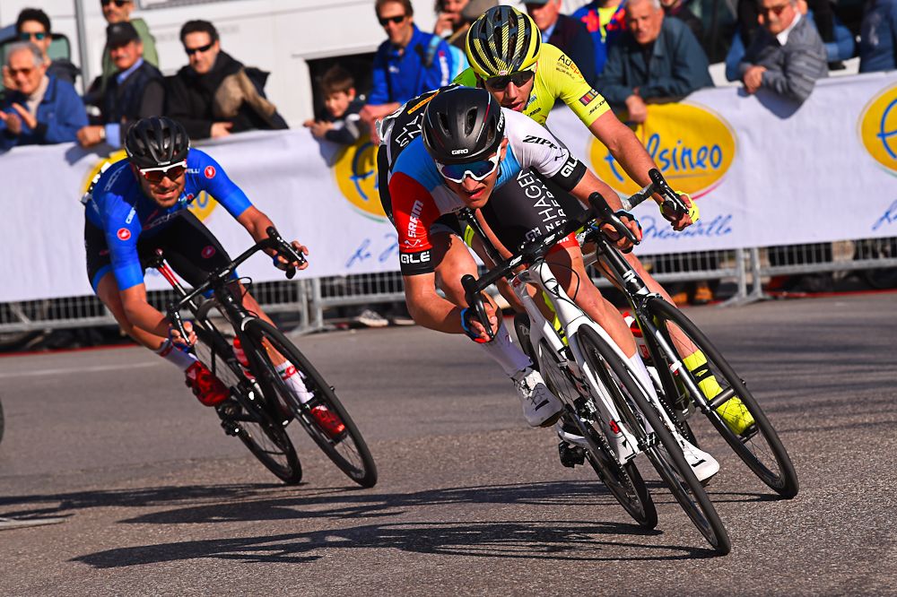 Mikke Bjerg leads the break to the finish at Coppi e Bartali