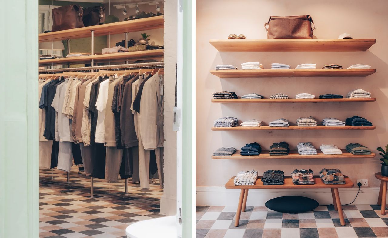 Oliver Spencer Marylebone store interior featuring wooden shelves and tiles floors