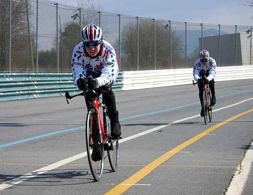 Chrissy tests the tt bike at the Asheville Mellowdrome