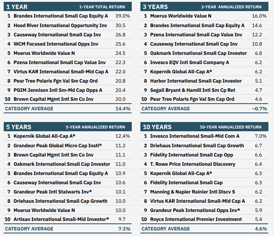 lists of best-performing small- and mid-cap foreign stock mutual funds over the last 1, 3, 5, and 10 years