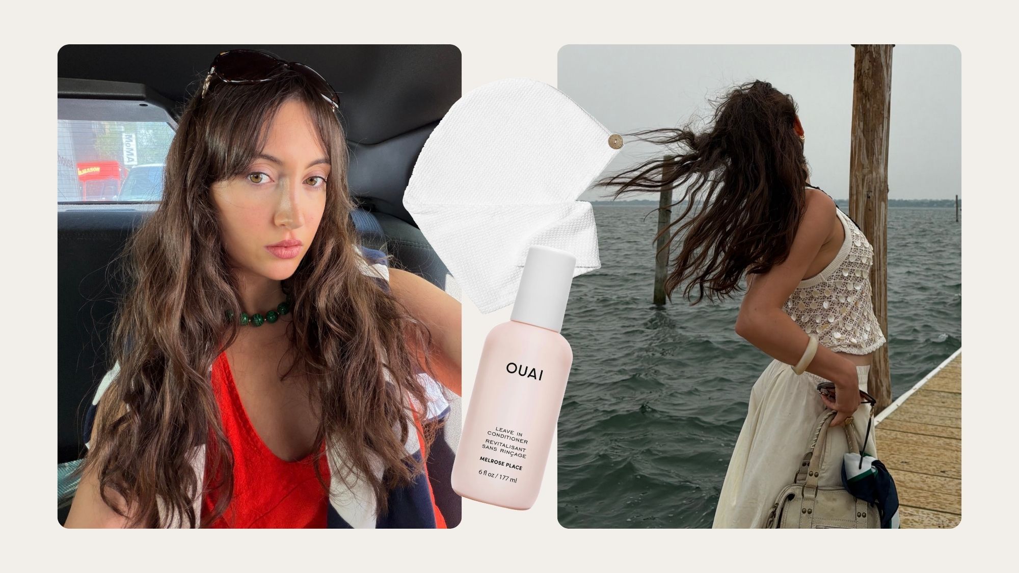 Who What Wear associate beauty editor Alyssa Brascia with long, wavy brown hair and some of the products she uses to define her texture.