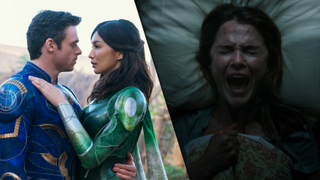 Gemma Chan and Richard Madden in a still from Marvel's Eternals, next to Keri Russell in a still from Antlers.