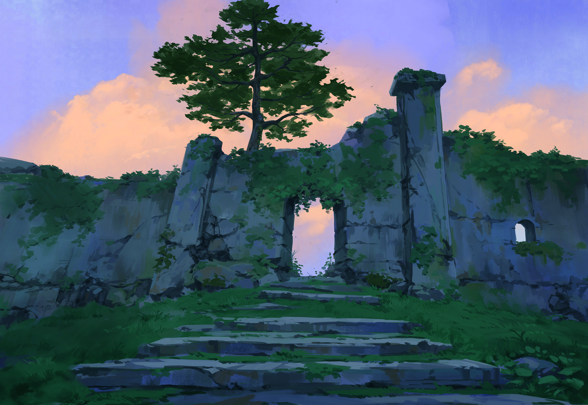 Digital art in progress from a matte painting tutorial