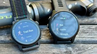 The COROS PACE 3 (left) and Garmin Forerunner 255 (right) showing their respective sport start screens