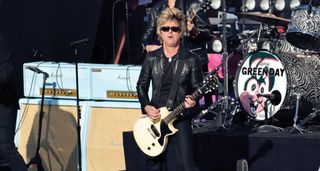 Billie Joe Armstrong performs live at Levi's Stadium during Green Day's Super Bowl LX set &ndash; and to his right are a pair of pale blue Marshall 'Dookie' signature amps.