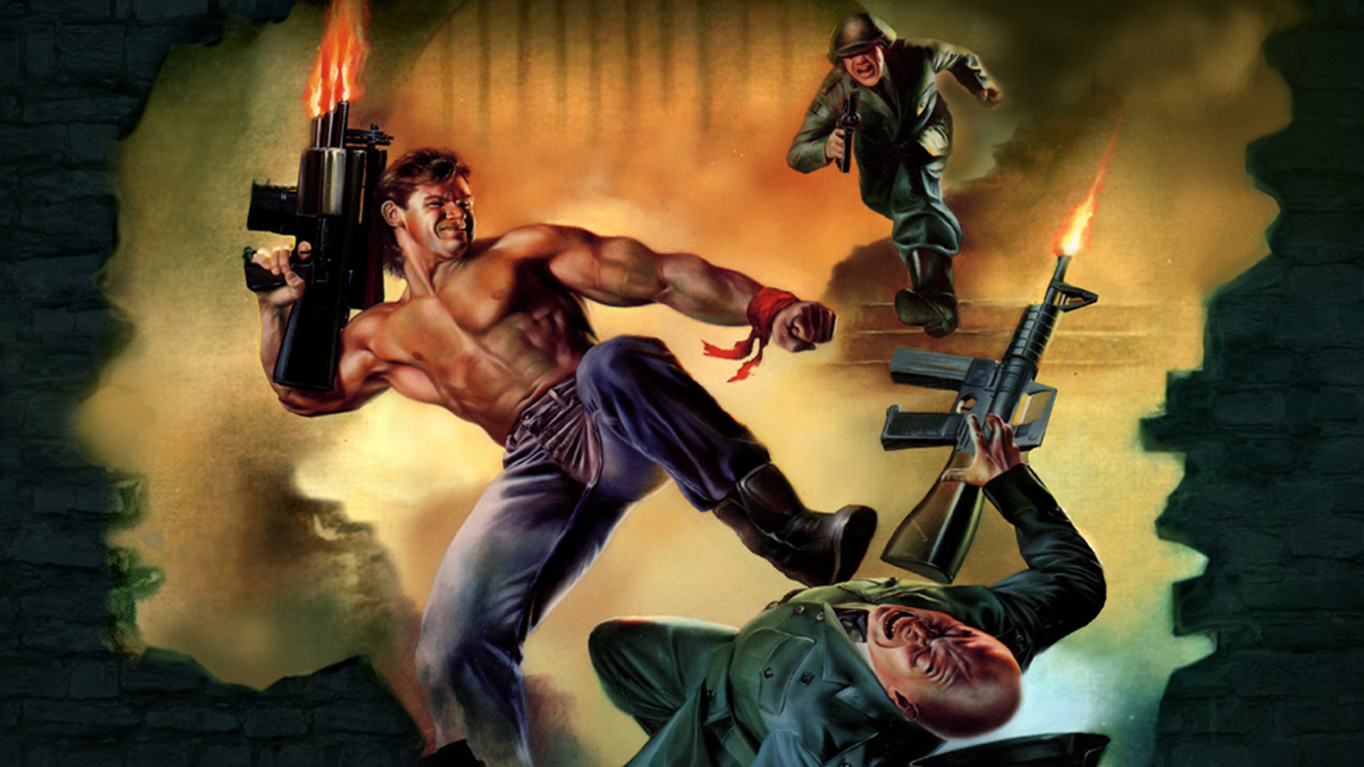 Wolfenstein 3D cover art showing shirtless BJ Blazkowicz firing gun in air kicking Nazi while another approaches.