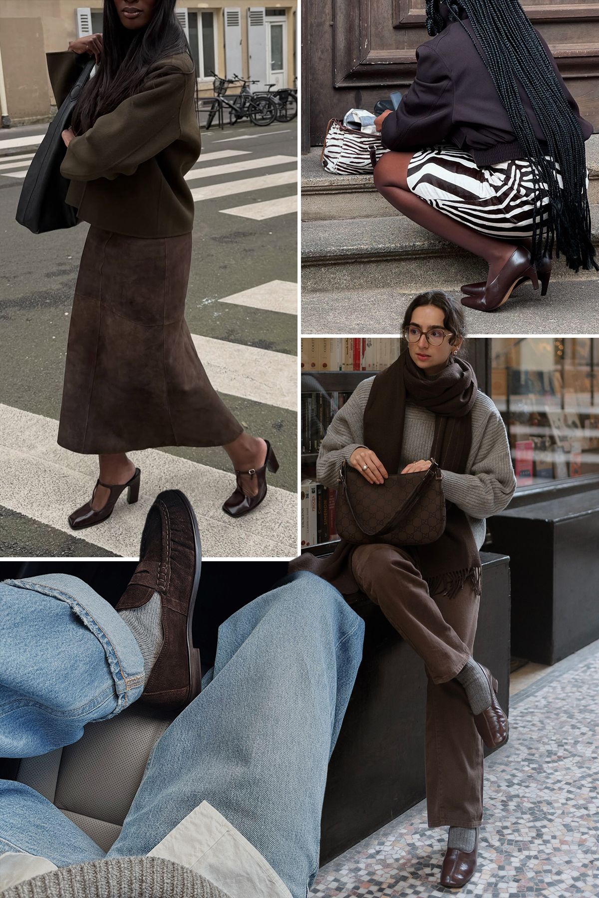 @kimturkington_, @daniellejinadu, @_livmadeline and @pia_mbd wearing espresso brown shoes for winter 2026