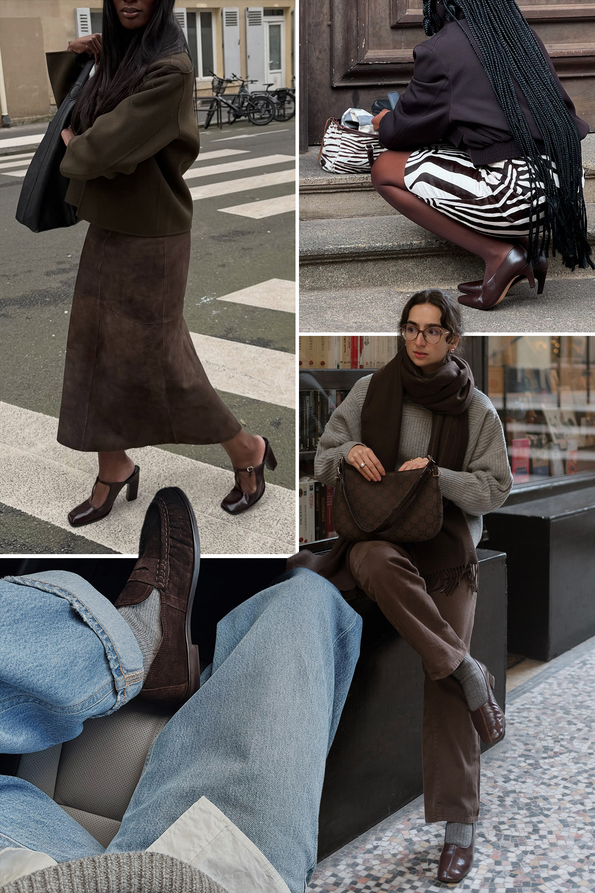 @kimturkington_, @daniellejinadu, @_livmadeline and @pia_mbd wearing espresso brown shoes for winter 2026