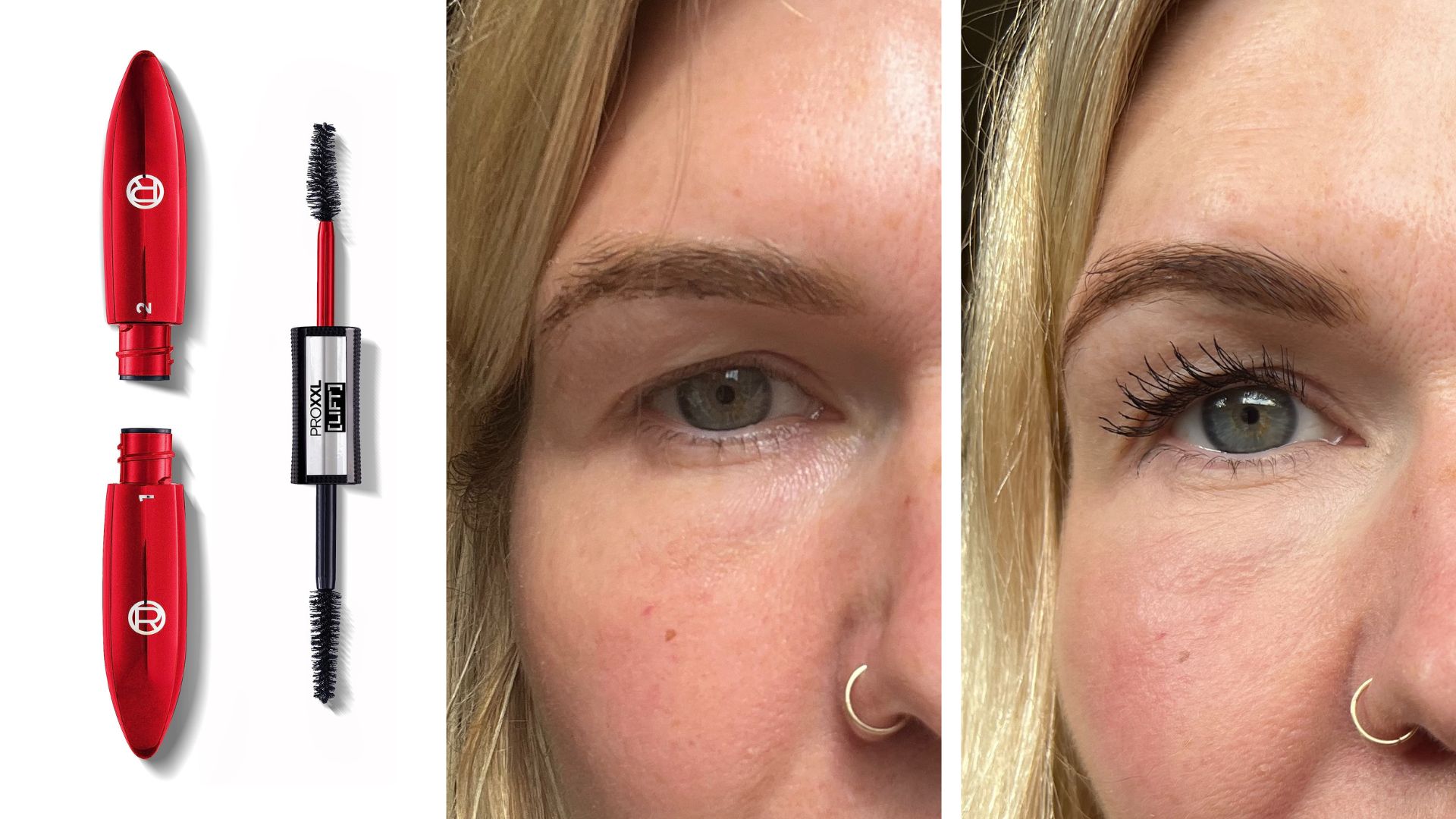 Fiona McKim&#039;s lashes before and after wearing L&amp;rsquo;Ore&amp;#769;al Paris Pro XXL Lift Mascara, next to a product shot