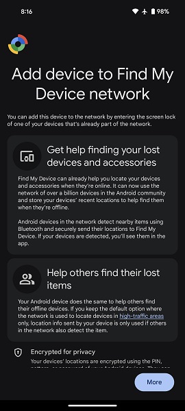 The Pixel 8's intro page for Google's new Find My Device network.
