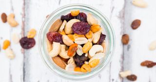 Glass of dried fruit and nuts