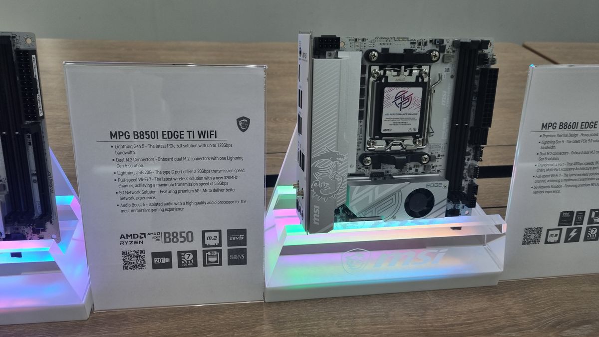 MSI Mini-ITX motherboards, displayed under RGB lighting