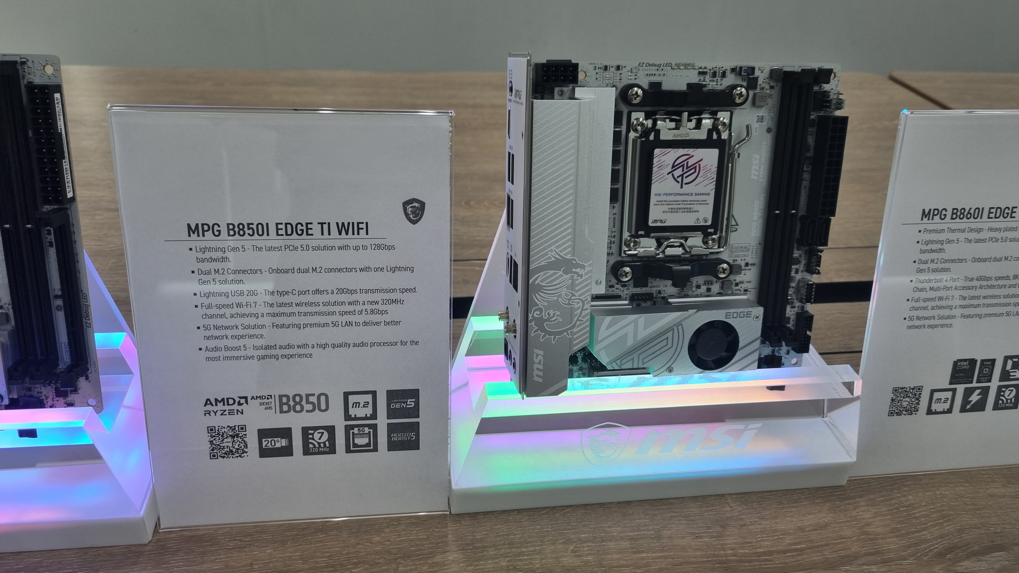 MSI Mini-ITX motherboards, displayed under RGB lighting