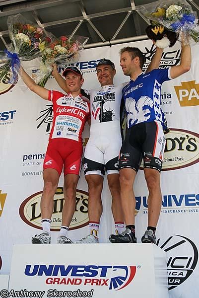 Podium (from L to R): Johan Lindgren (Team Cykelcity) 2nd, Yuri Metlushenko (Amore