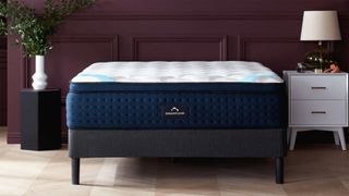 DreamCloud Premier mattress for heavy people placed on a bed frame in a dark red room