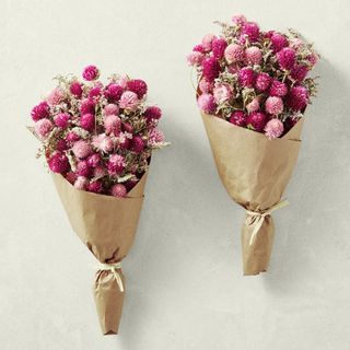 Williams Sonoma Dried Pink Strawflower Bouquets wrapped in brown paper