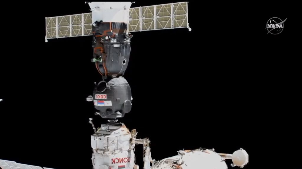 Soyuz commander Alexander Skvortsov of Roscosmos manually flew his Soyuz MS-13 spacecraft (right) from the aft Zvezda module of the International Space Station to a top-mounted Poisk module on Aug. 25, 2019.