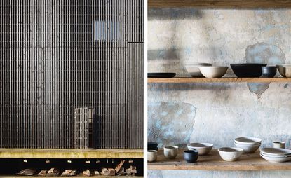 burnt-wood facade of a restoration workshop and bowls and plates created by Japanese potter