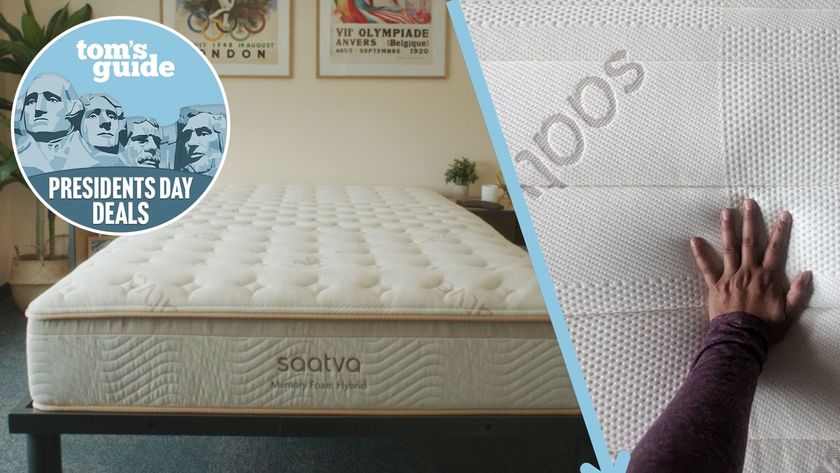 A split-screen of the Saatva Memory Foam Hybrid at the Olympic training center and an image of our tester's hand feeling the mattress's cover. A Presidents' Day deals badge is seen on the top-left foreground. 