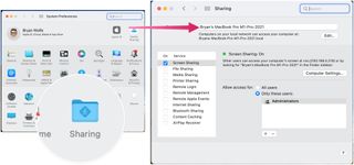 To use the Mac Migration Assistant, select the Apple menu at the top left, then select System Preferences from the pull-down menu. Click Sharing and make sure a name appears in the Computer Name field.