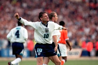 Teddy Sheringham celebrates after scoring for England against the Netherlands at Euro 96