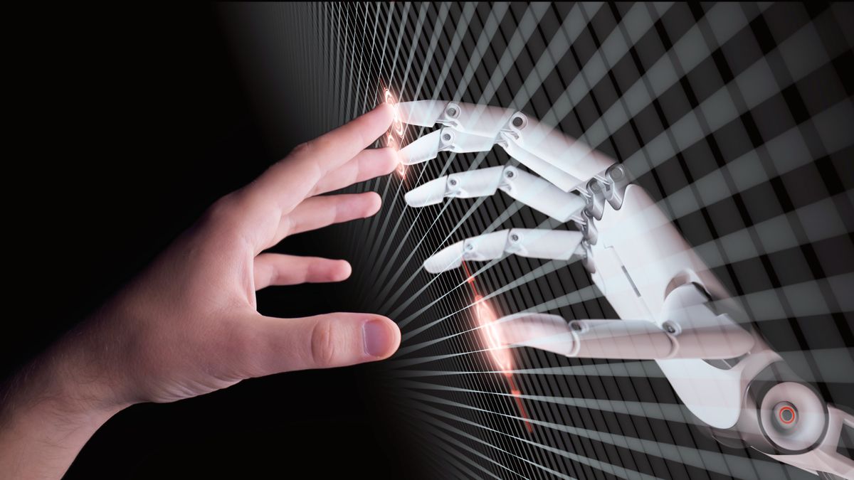 AI robot hand touching human hand