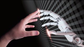 AI robot hand touching human hand