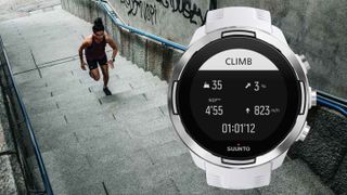 Suunto 9 Peak vs Suunto 9 Baro: person running up some steps with a render of the Suunto 9 Baro pasted over the image