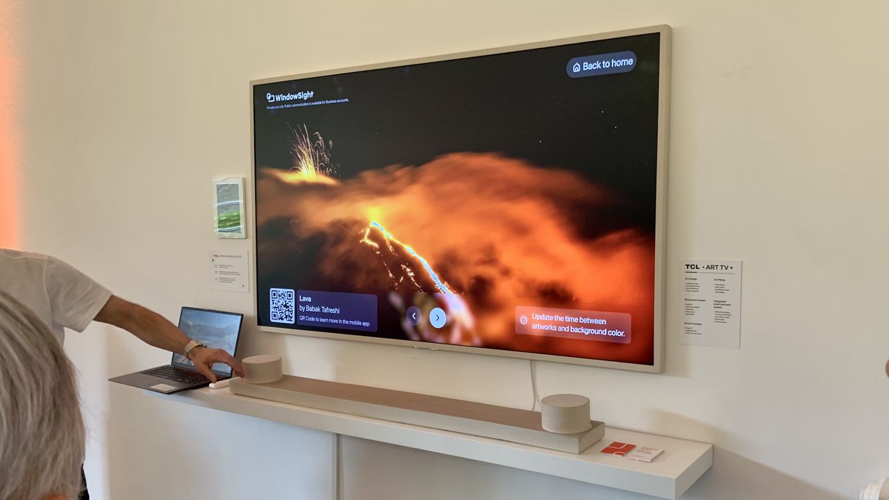 TCL Art TV and soundbar at Milan Design Week, on beige background