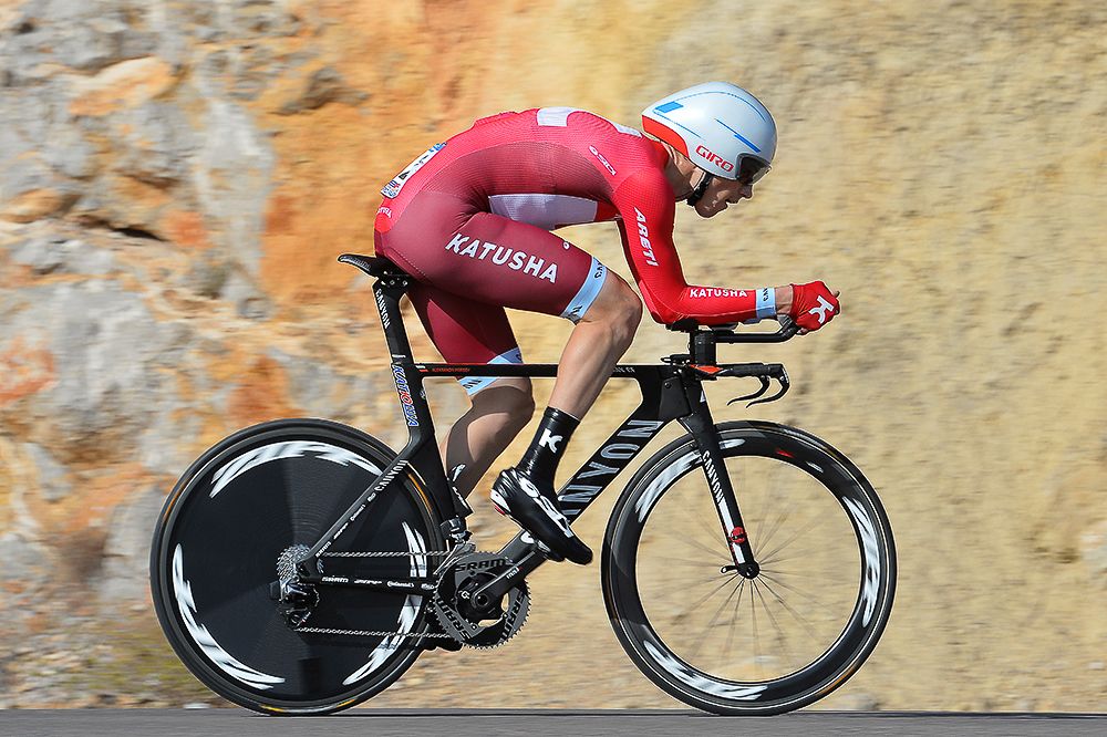 A Katusha rider during the Valencia test against the clock