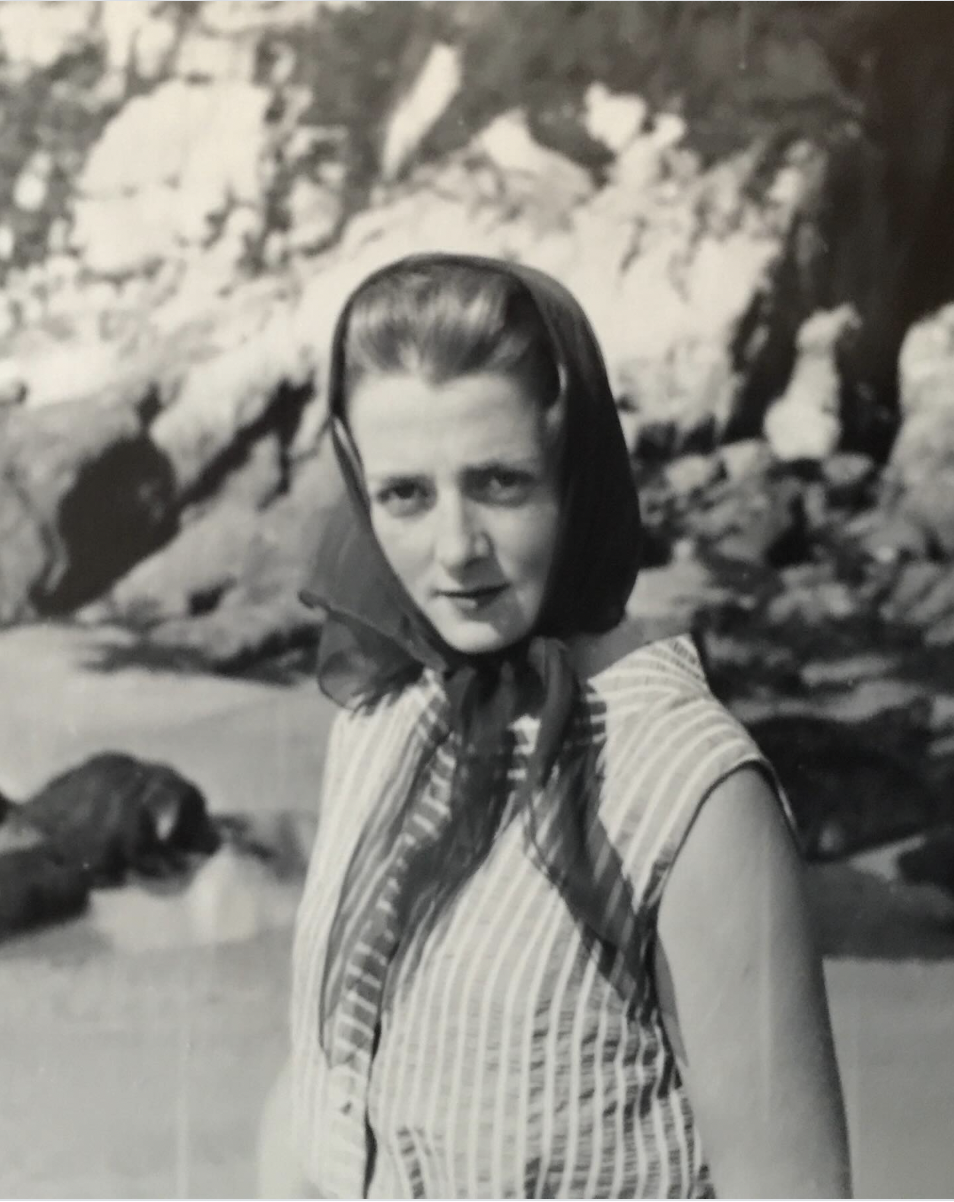 Princess Diana's mom in a black and white photo wearing a head scarf