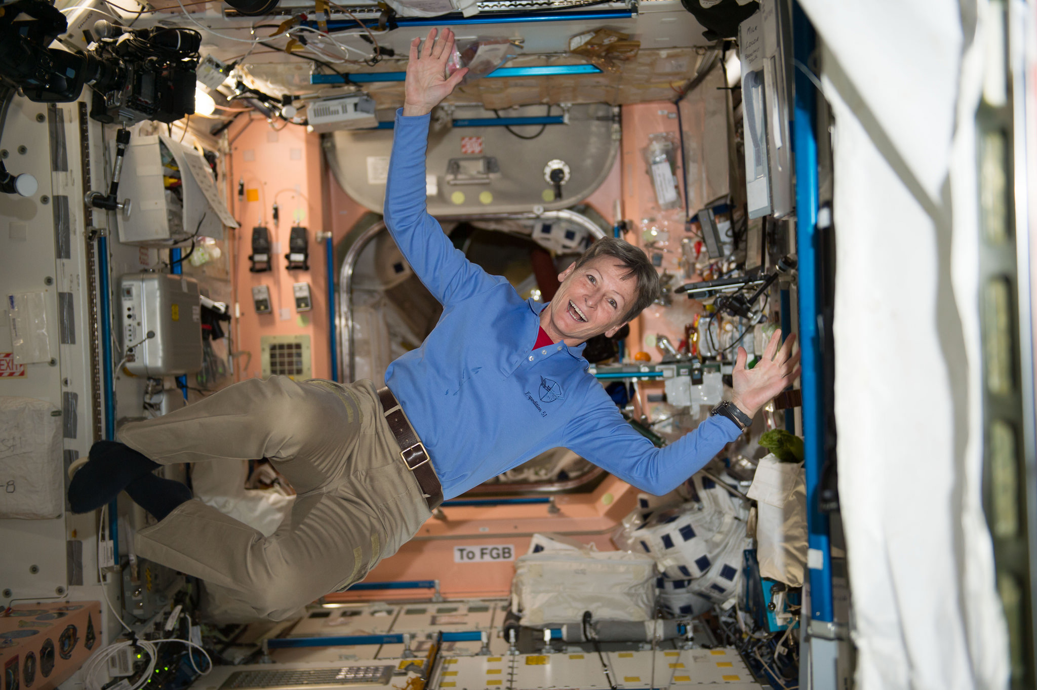 NASA astronaut Peggy Whitson floats through the Unity module aboard the International Space Station during the Expedition 50 mission in this photo taken on November 28, 2016.