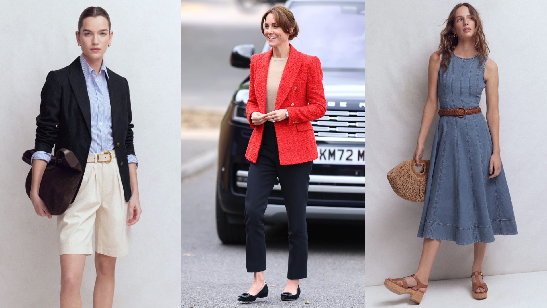 A three split image of a model in shorts and a blazer; Princess Kate walking in a red blazer; and a model in a denim dress
