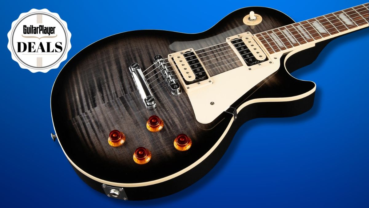 A Gibson Les Paul on a blue background