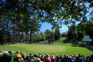 View back down the par 3 6th hole at Augusta National Golf Club during the 2016 Masters