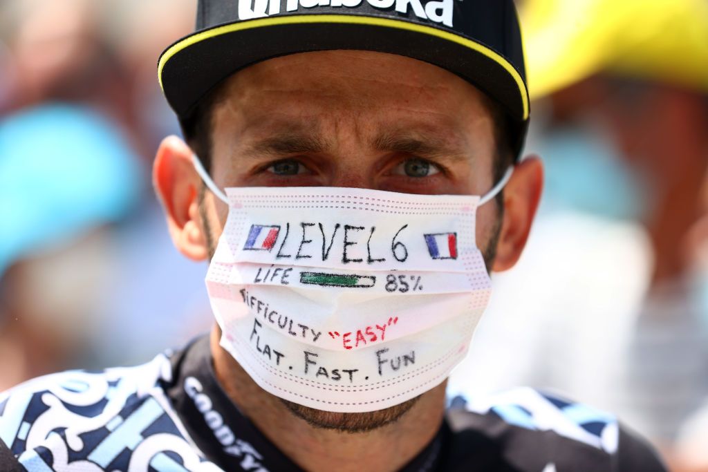 CHATEAUROUX FRANCE JULY 01 Carlos Barbero of Spain and Team Qhubeka NextHash at start during the 108th Tour de France 2021 Stage 6 a 1606km stage from Tours to Chteauroux Mask Covid Safety Measures LasMascarillasDeBarbero LeTour TDF2021 on July 01 2021 in Chateauroux France Photo by Michael SteeleGetty Images