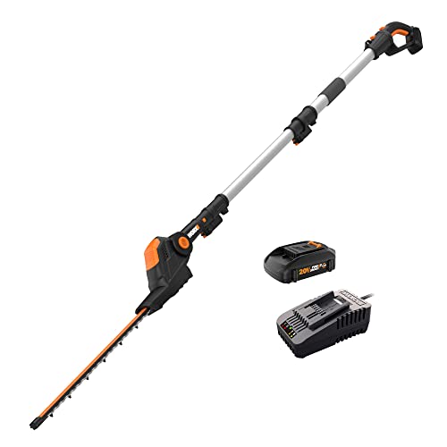Worx Wg252 20" 20v Cordless Hedge Trimmer, Pole Hedge Trimmer Reaches Up to 12 Inches With Extended Pole, Electric Bush Trimmer With 180° Rotation Head, Battery & Charger Included