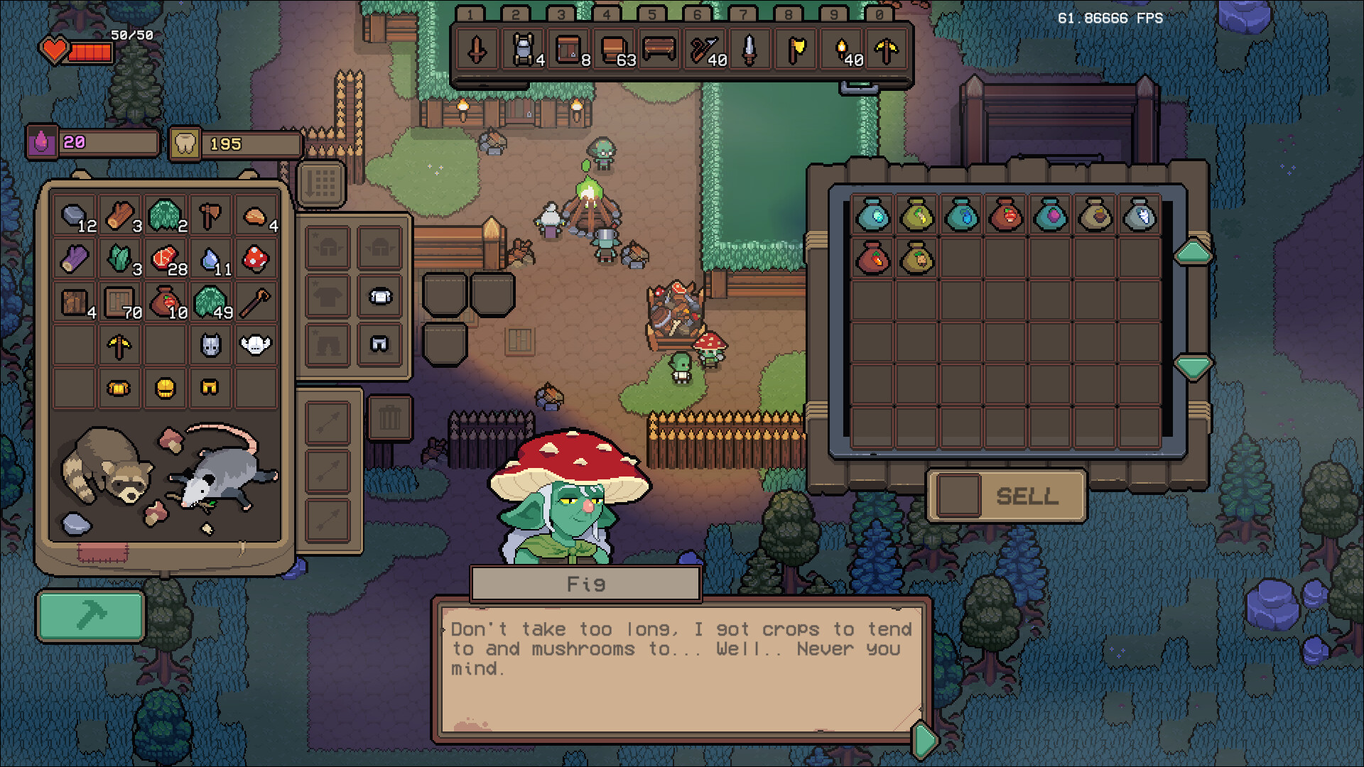 A merchant goblin called Fig who wears a mushroom hat sells their wares to player in Goblin Isle