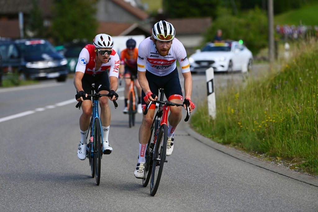 KUSNACHT SWITZERLAND JUNE 12 LR Simon Vitzthum of Switzerland and Team Switzerland and Quinn Simmons of United States and Team Trek Segafredo compete in the breakaway during the 85th Tour de Suisse 2022 Stage 1 a 1776km stage from Kusnacht to Kusnacht 679m ourdesuisse2022 WorldTour on June 12 2022 in Kusnacht Switzerland Photo by Tim de WaeleGetty Images